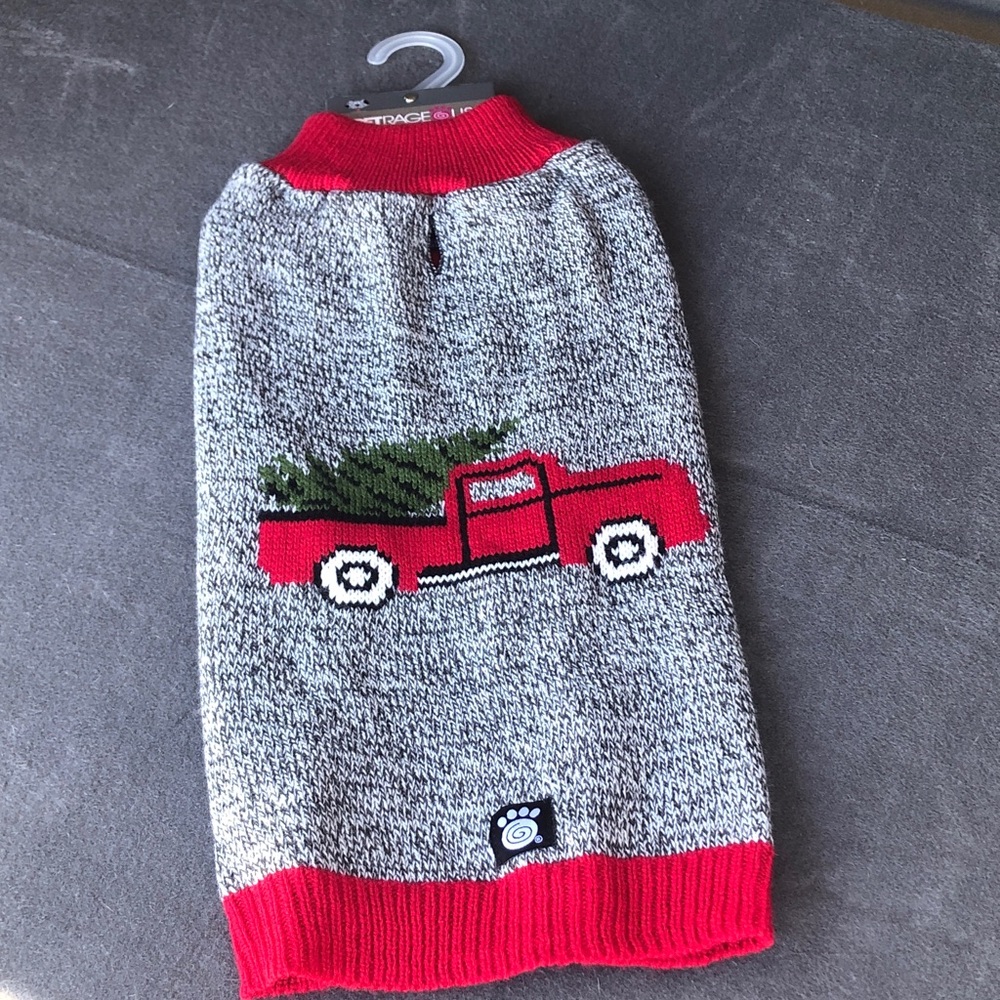 Gray and Red Dog Sweater with Red Truck and Christmas Tree Design